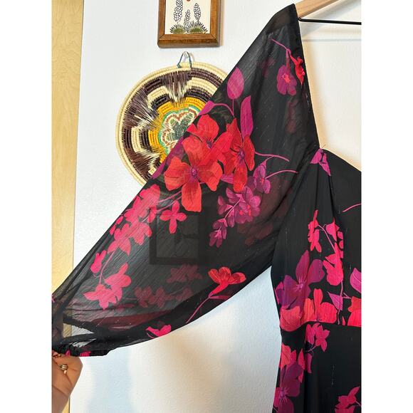 Rebecca B. Women’s Sz 12 3/4 Sheer Sleeve Floral Maxi Dress Black Red Formal - Picture 8 of 10